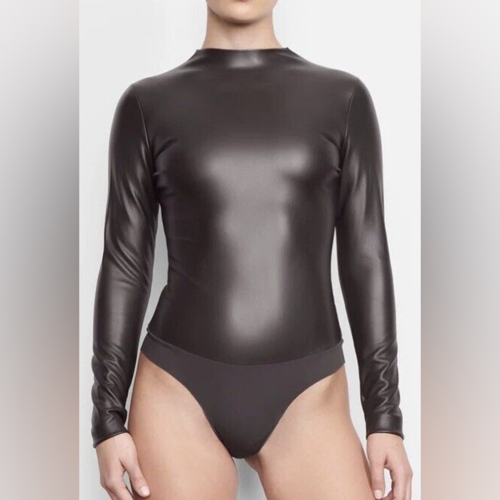 SKIMS Faux Leather Long Sleeve Bodysuit Soot Size XS NWT